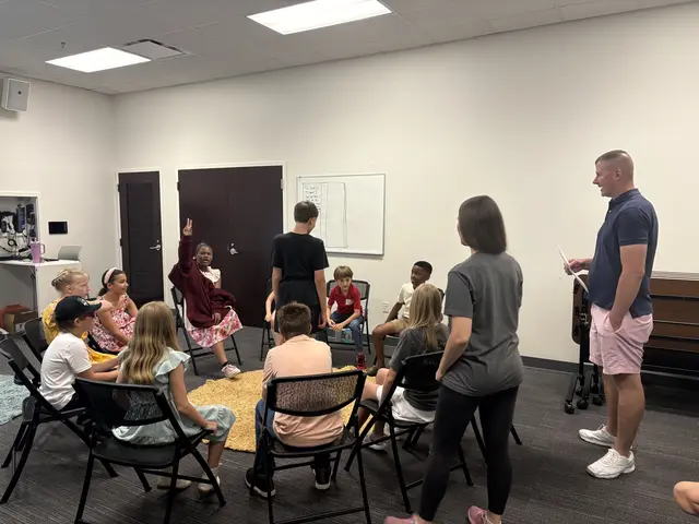 Kids and volunteers gathered for a Bridge Kids class