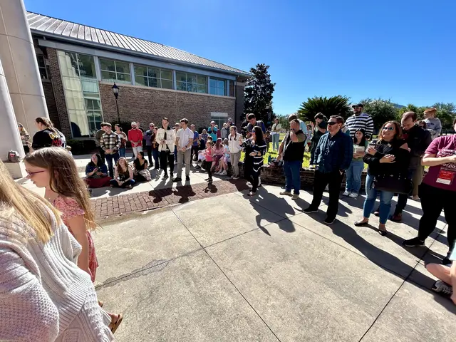 The church family gathered outside the campus center after a Sunday service
